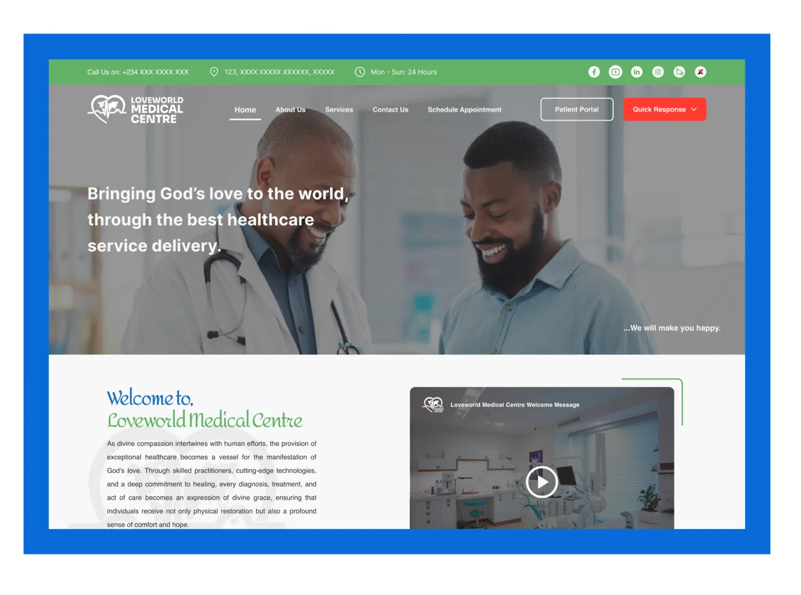 Loveworld Medical Centre website on desktop and mobile